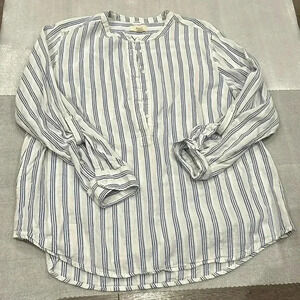 [XL] Per Se Anthropologie Blue Striped White Cotton Pull  Over LS Shirt